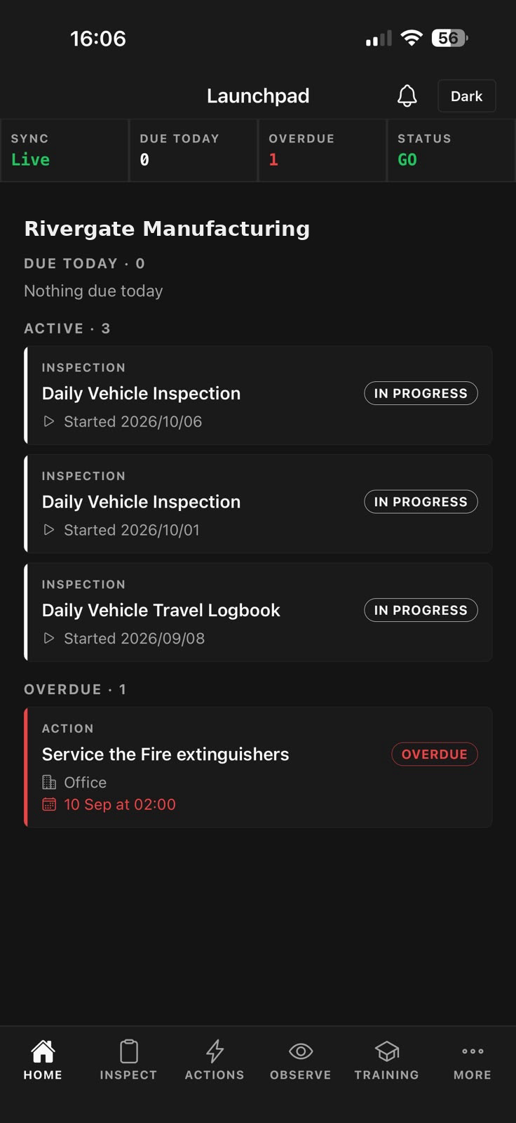 Rivergate Manufacturing phone launchpad: inspections in progress and an overdue action