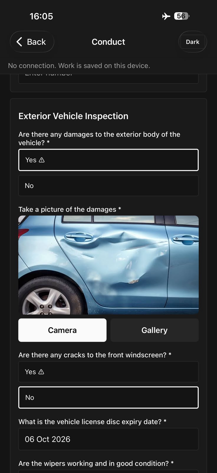Vehicle inspection saved on the phone while offline