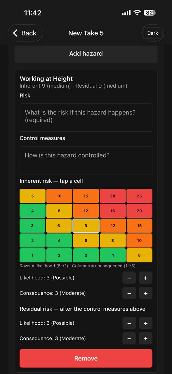 Take 5 for working at height, with the risk matrix