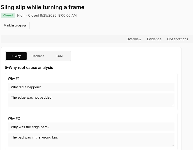 Investigation of a sling slip while turning a frame, with a 5-Why