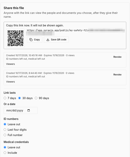 Share this file: a link, a QR code, and choices for how long the link lasts