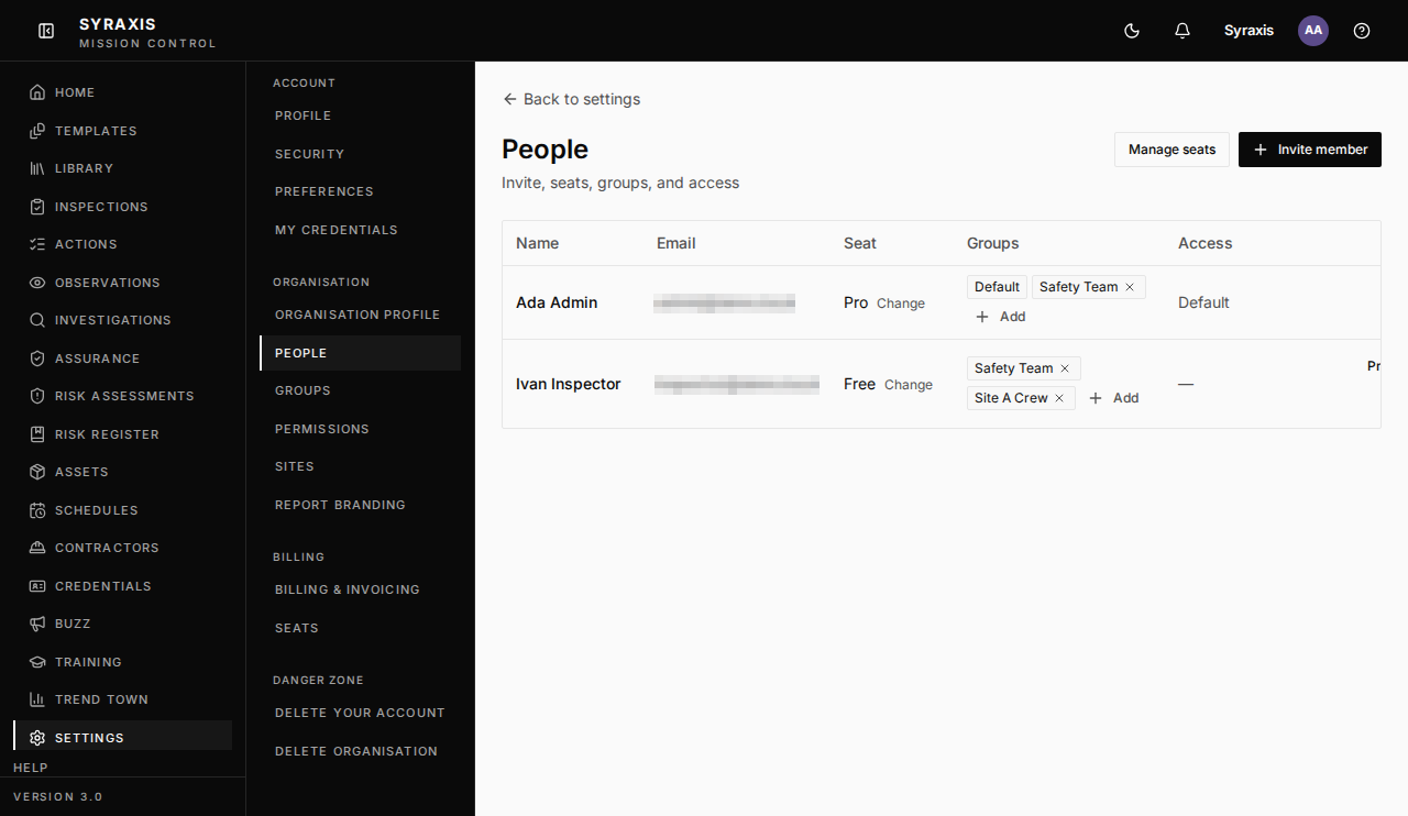 People page, with the member list, seats, groups, and access