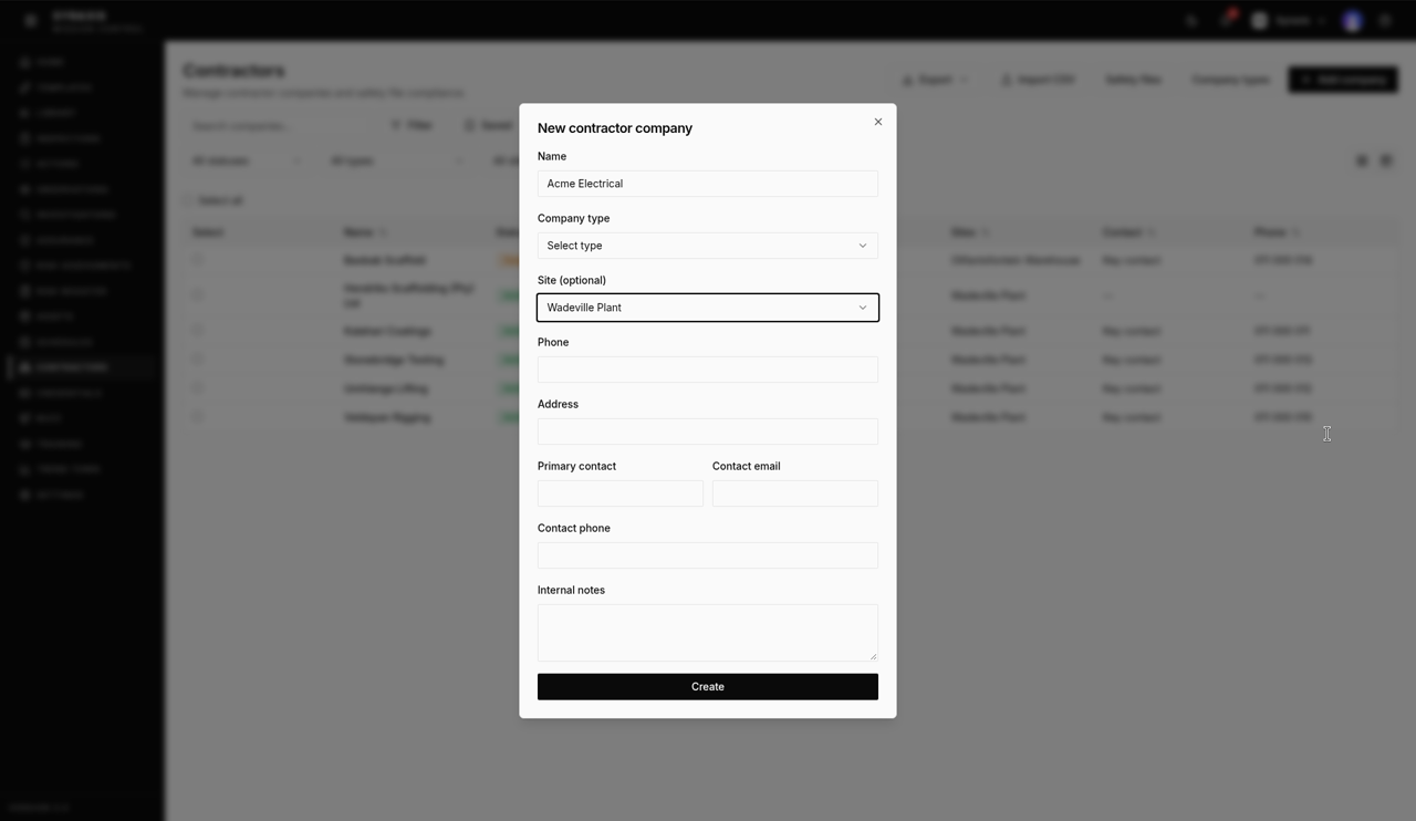 Add company dialog — Site (optional) highlighted