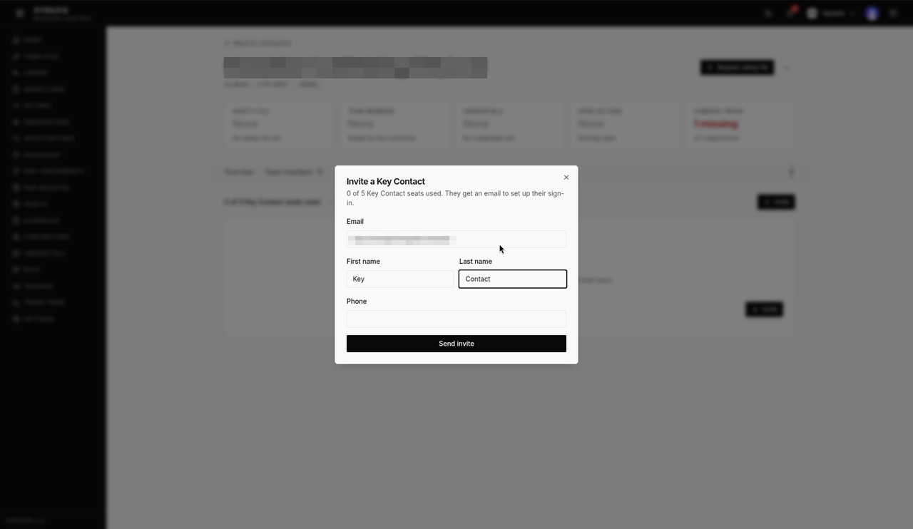 Invite a Key Contact — Email and name fields highlighted