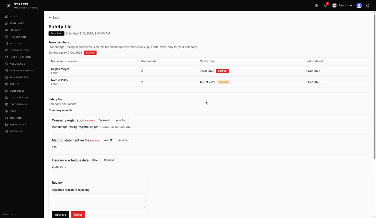 Safety files — All statuses filter highlighted