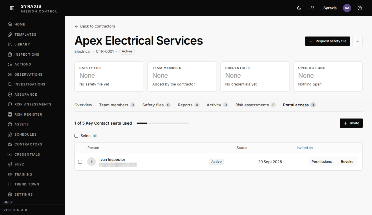 Company page on the Portal access tab, showing key contact seats and an Active person
