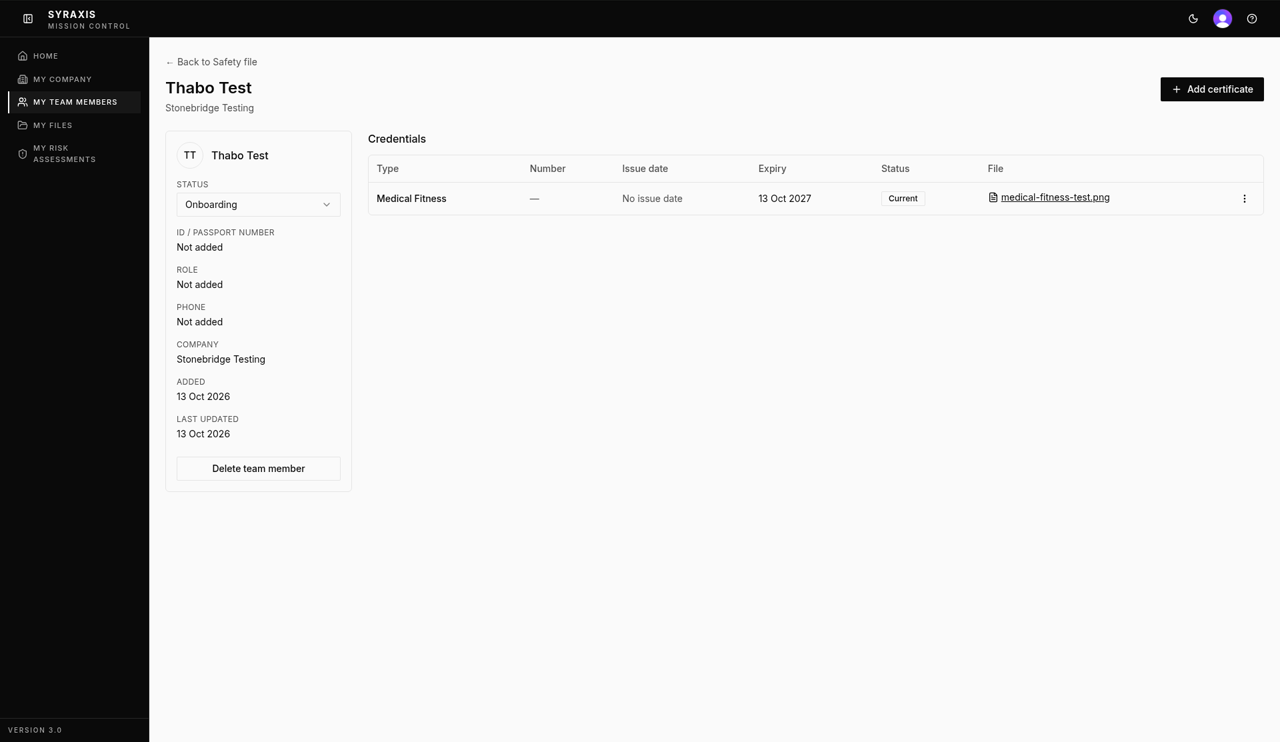 Team member — Add certificate highlighted