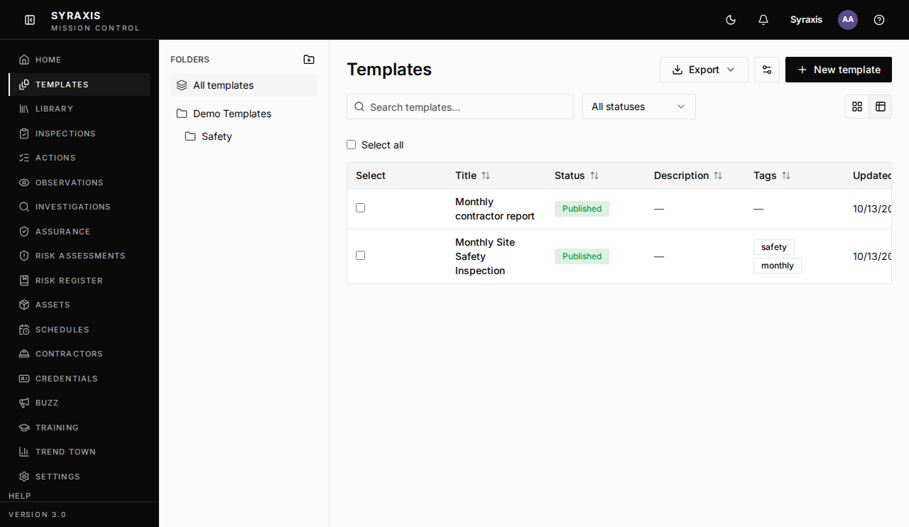 Templates page, with New template and a published Monthly contractor report
