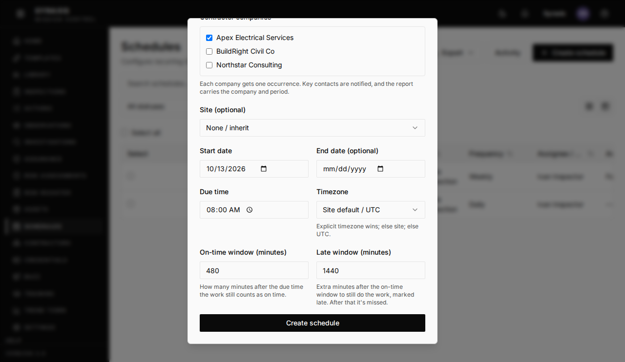 Create schedule dialog, with the start date, due time, timezone, and Create schedule