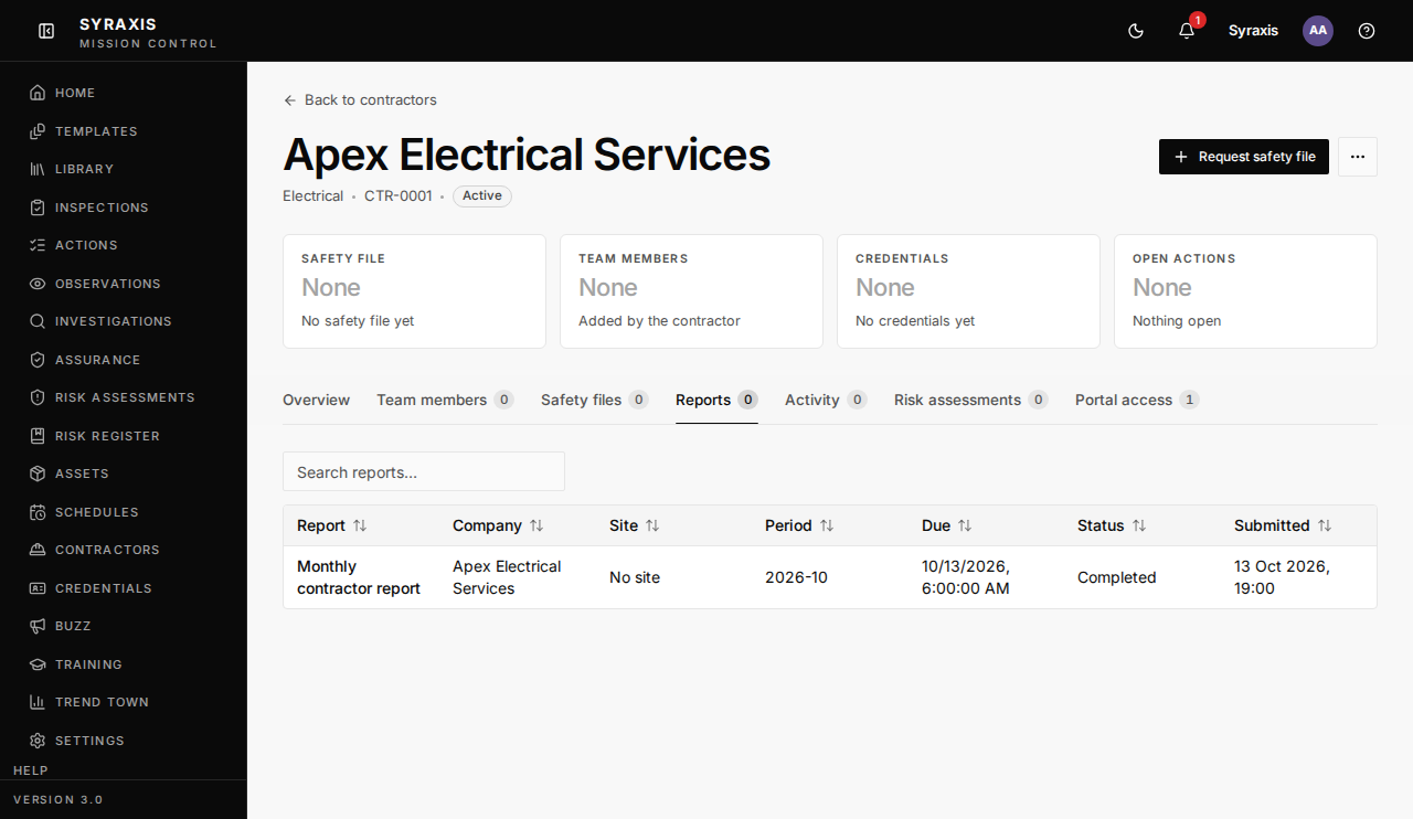 Company Reports tab, with Monthly contractor report and a date and time in the Submitted column
