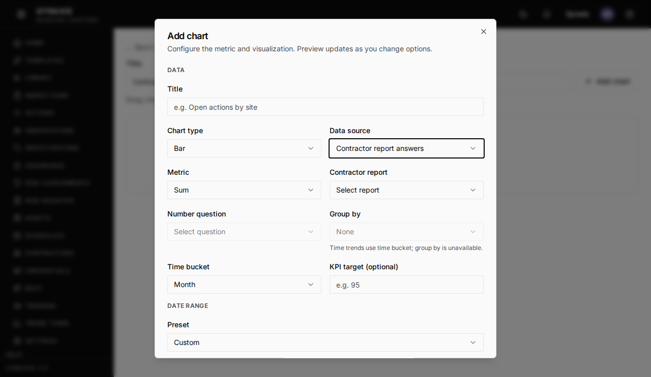 Add chart dialog, with Data source set to Contractor report answers