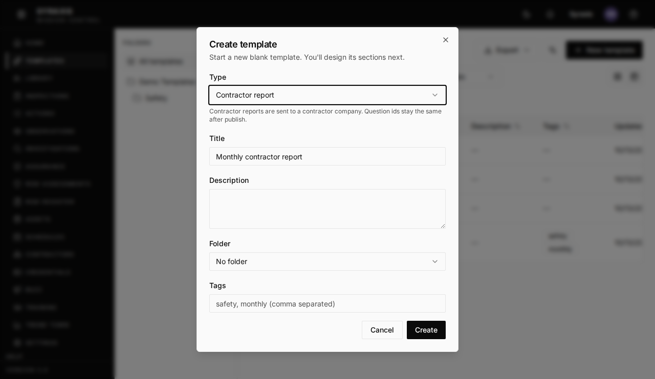 Create template dialog, with Type set to Contractor report and the title Monthly contractor report
