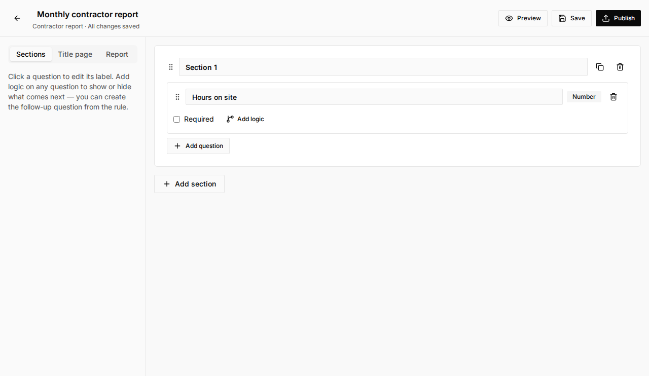 Template builder for Monthly contractor report, with a Number question and Add question