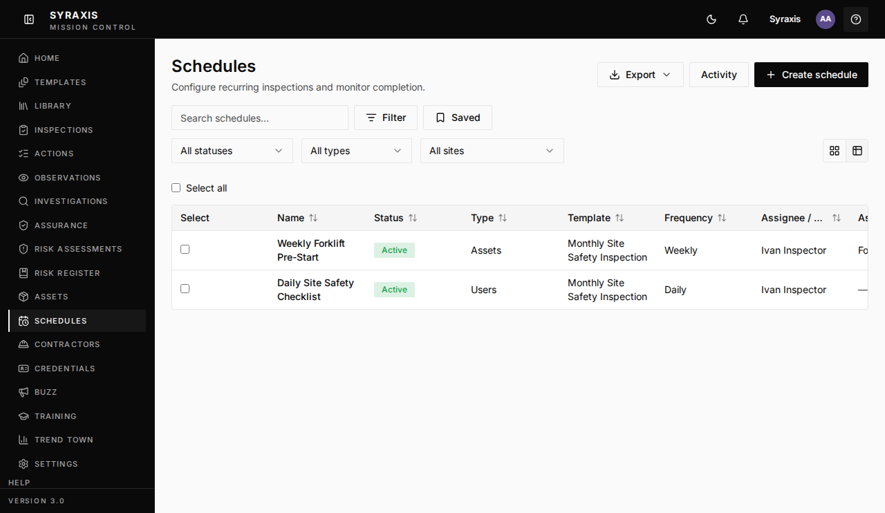 Schedules page, with Create schedule