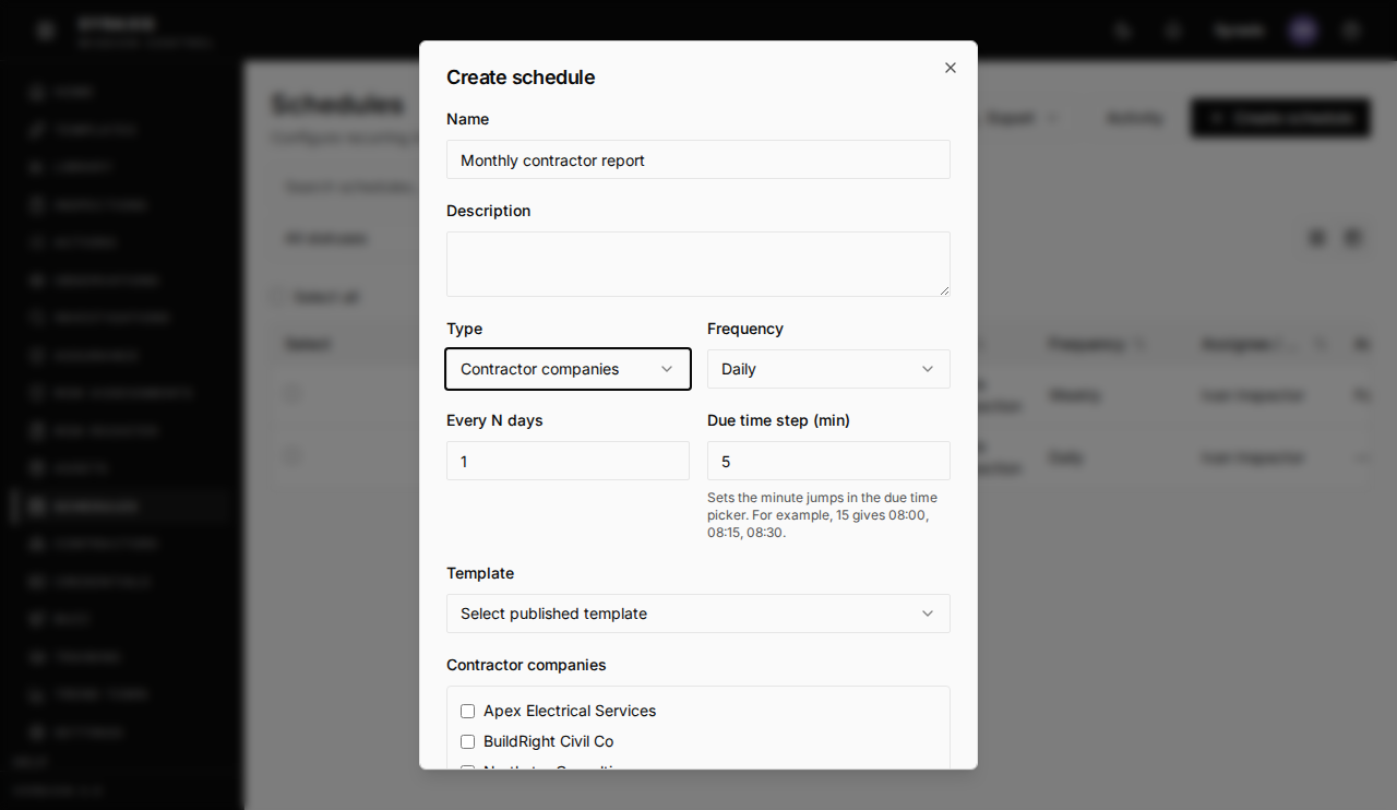 Create schedule dialog, with Type set to Contractor companies
