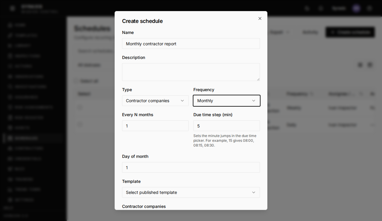 Create schedule dialog, with Frequency set to Monthly and Day of month set to 1