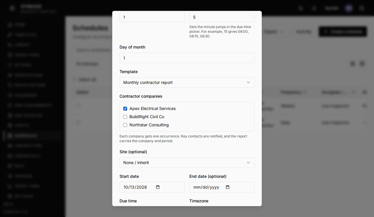 Create schedule dialog, with Apex Electrical Services ticked under Contractor companies