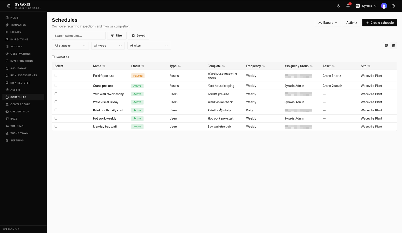 Schedules — Create schedule highlighted