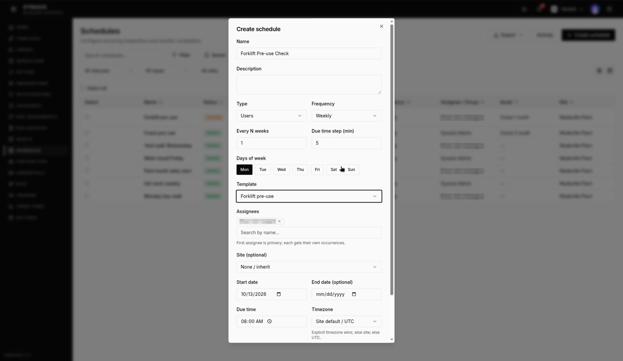 Create schedule — Name and Template highlighted