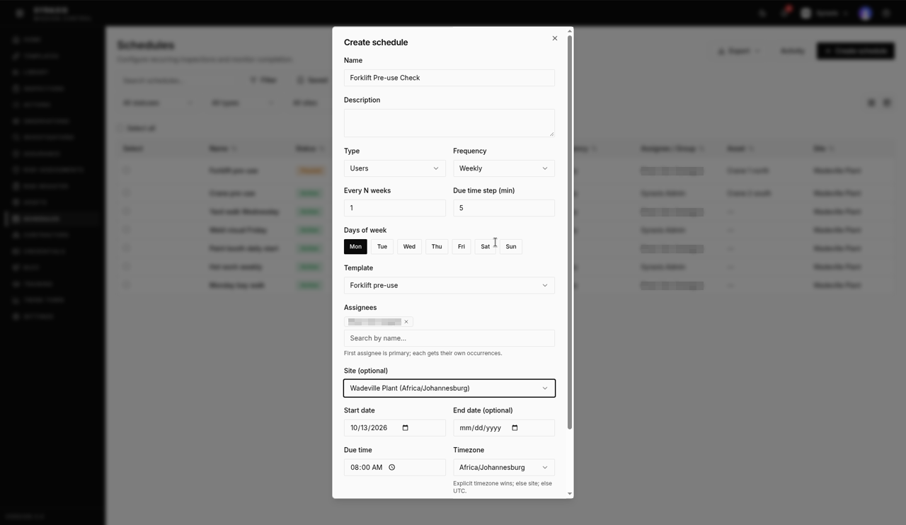 Create schedule — Frequency and Days of week highlighted