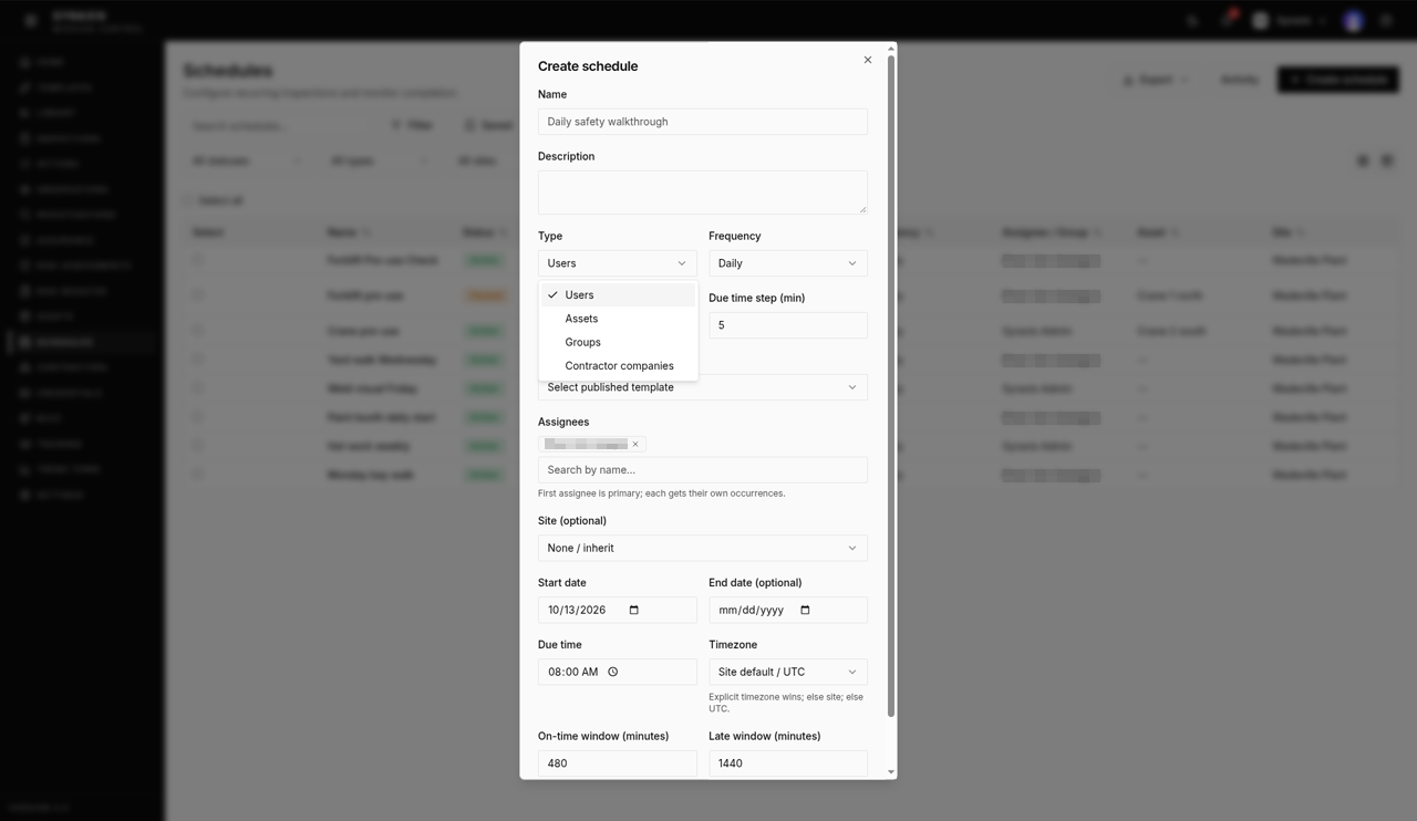 Create schedule — Type highlighted
