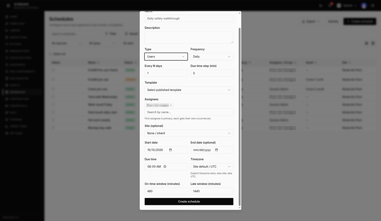 Create schedule — Create schedule highlighted