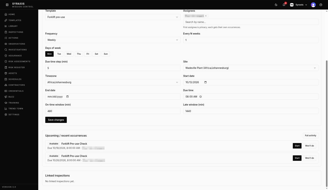 Schedule — Upcoming / recent occurrences highlighted