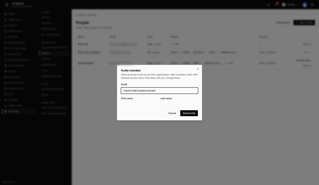 Invite dialog — Email and name fields highlighted