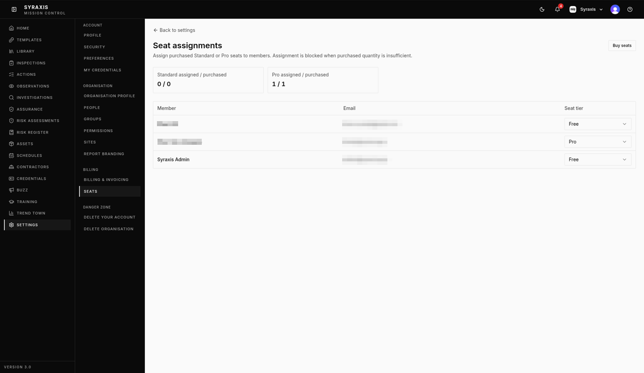 Settings › Seats — Pro highlighted