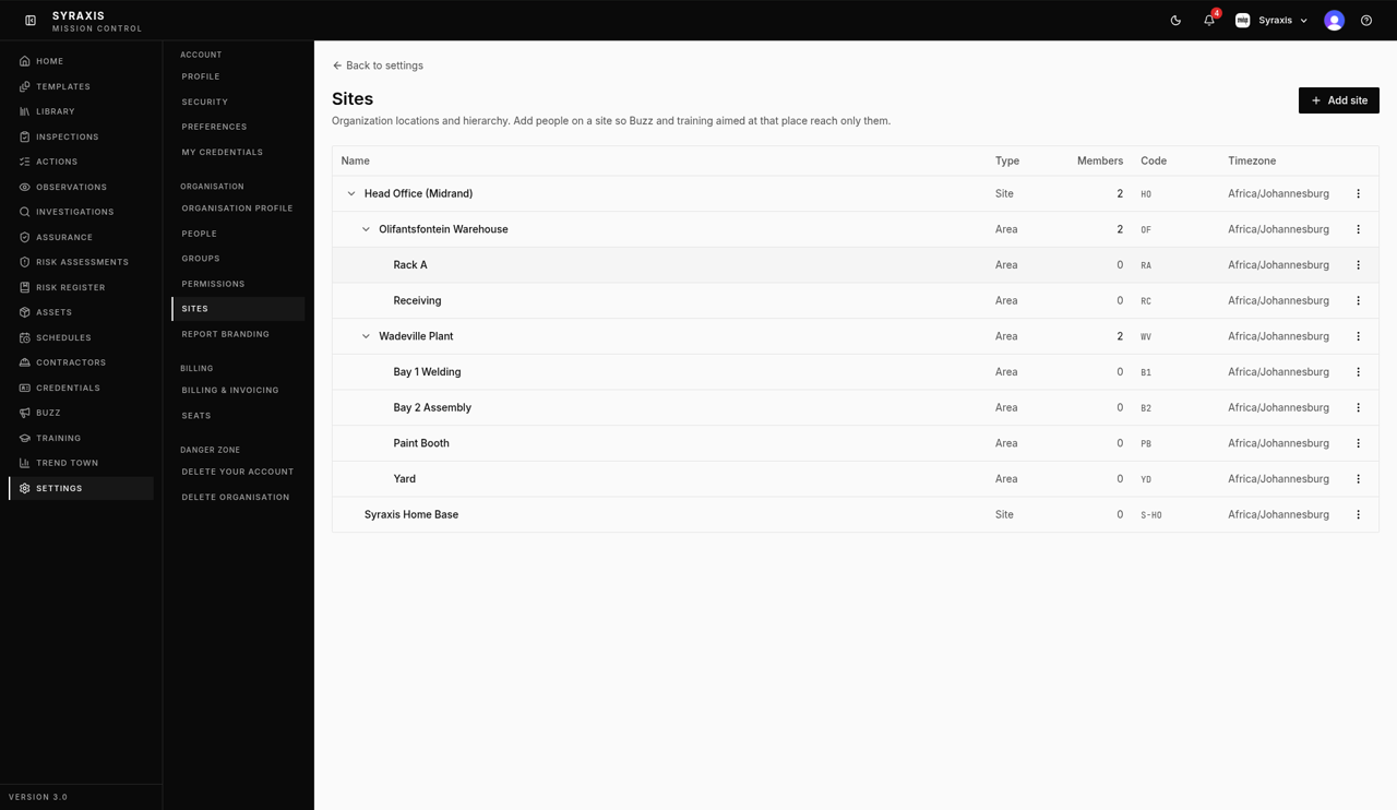 Settings › Sites — Add site highlighted