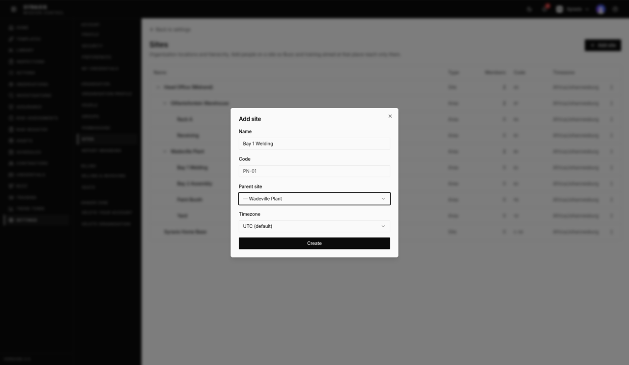 Add site dialog — Parent site highlighted