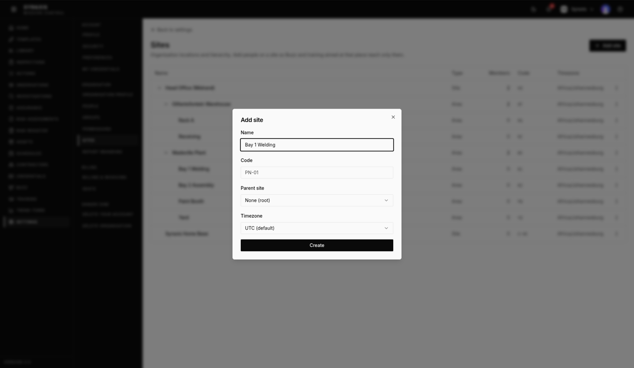 Settings › Sites — Add site highlighted