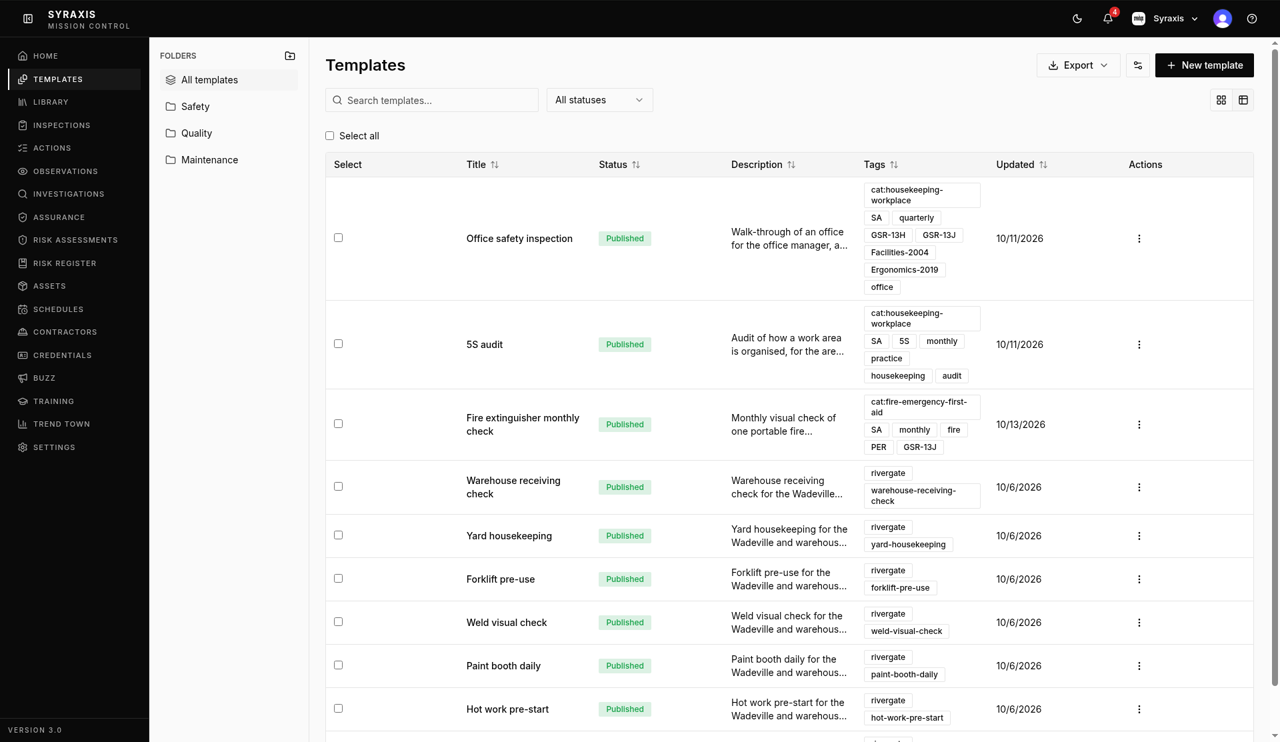 Templates page — New template button highlighted