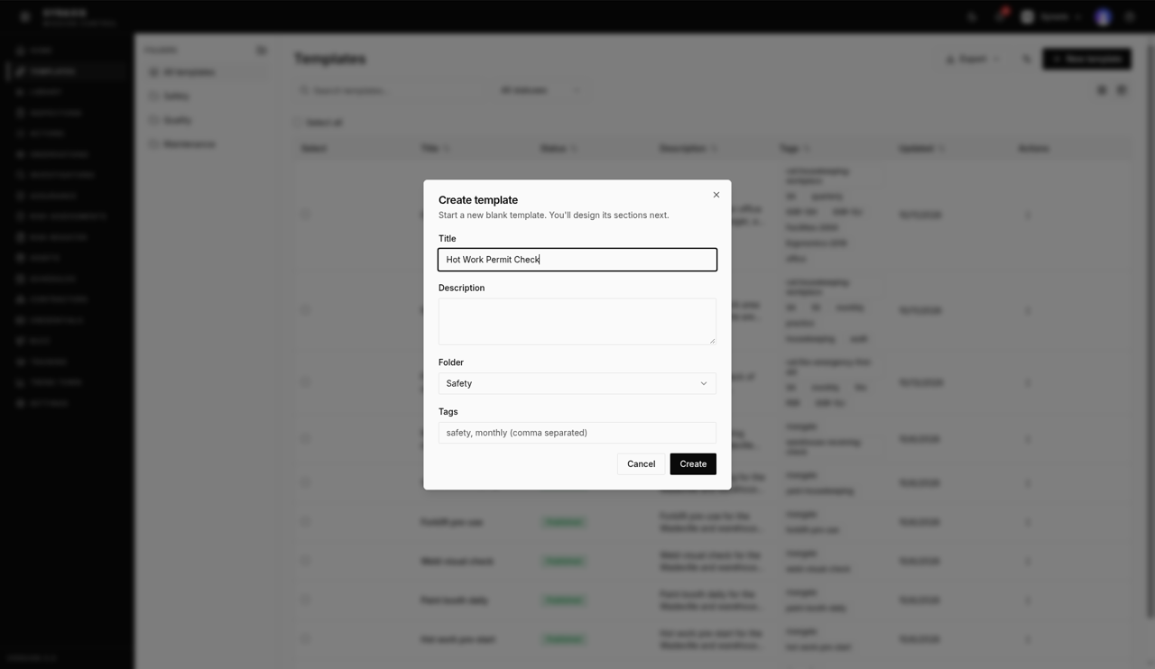 Create template dialog — Title field and Create button highlighted