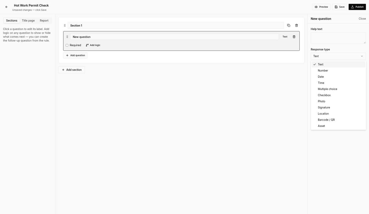 Template builder — Add question button and response type picker highlighted