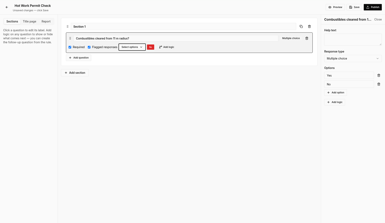 Template builder — Required checkbox highlighted