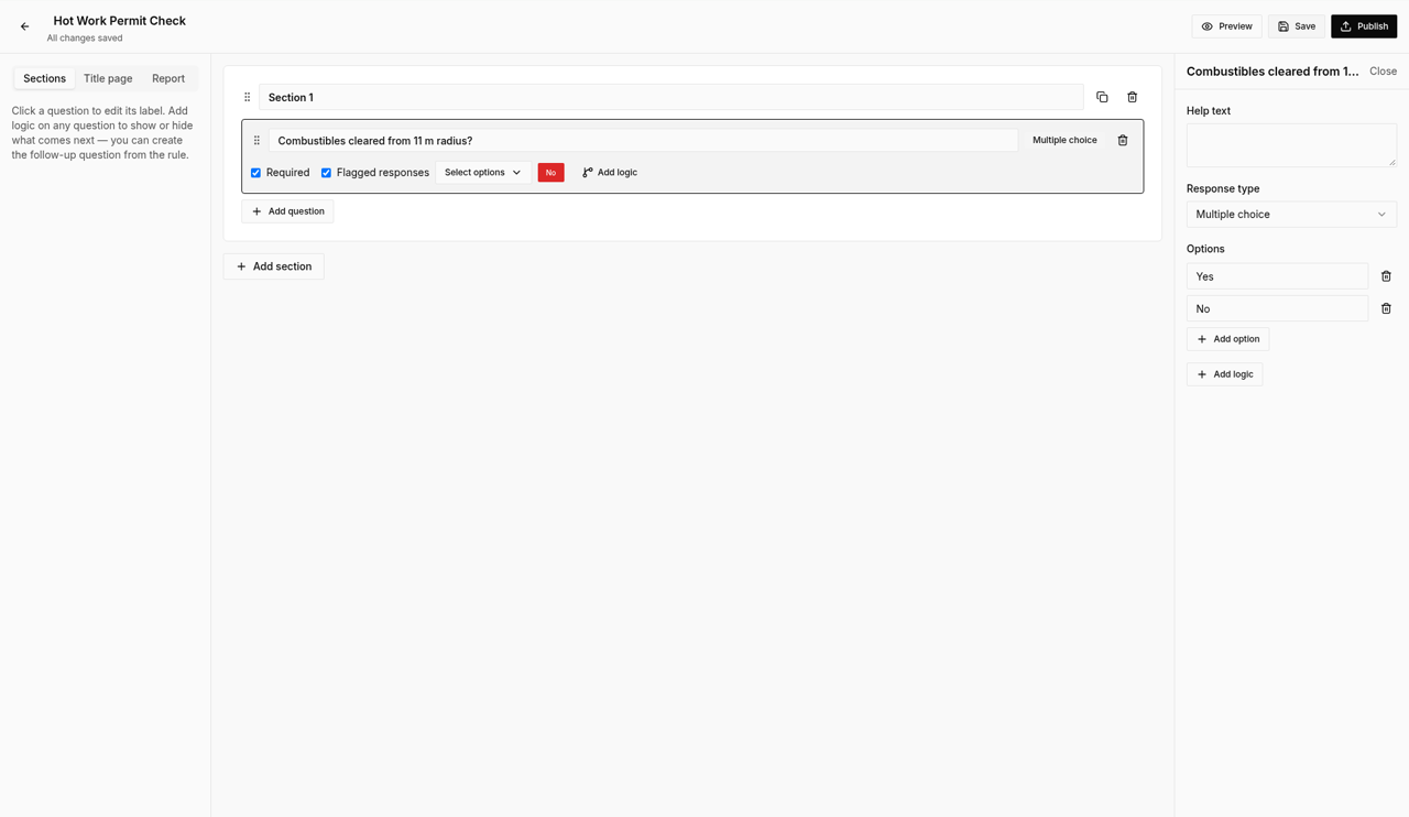 Template builder — Publish button highlighted