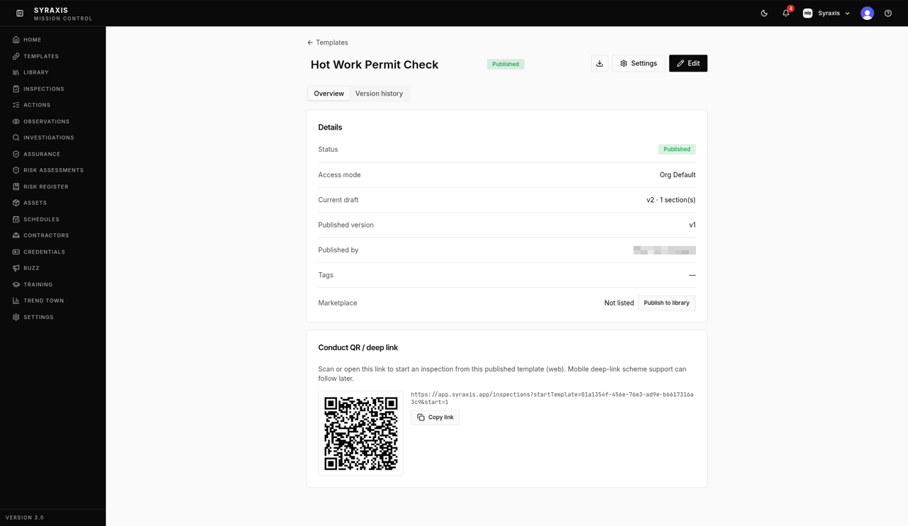 Template page — Status and Version history highlighted