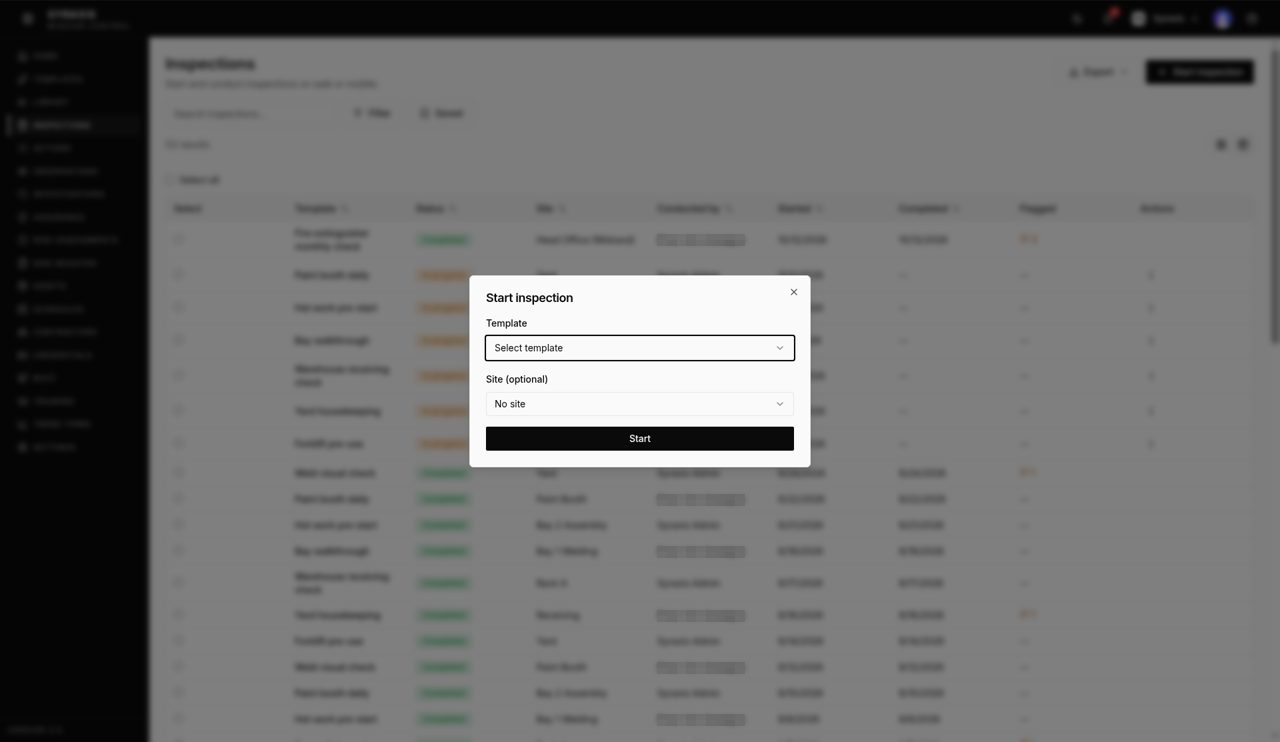 Inspections — Start inspection highlighted