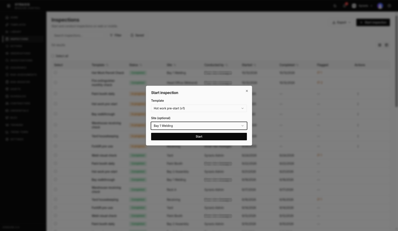 Start inspection dialog — Hot work pre-start highlighted