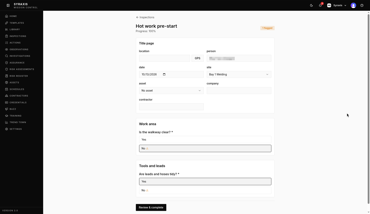 Inspection — Review & complete highlighted