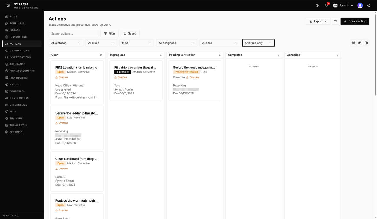 Actions — Create action highlighted