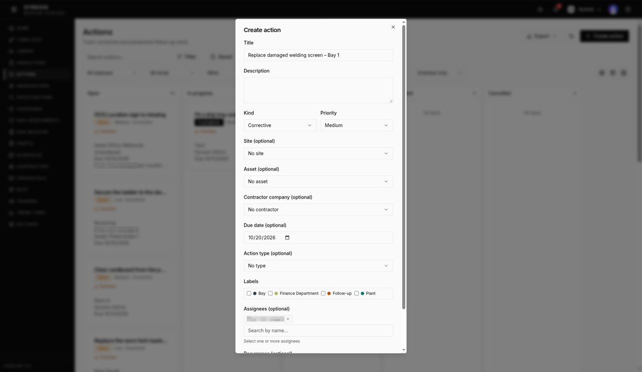 Create action dialog — Title highlighted