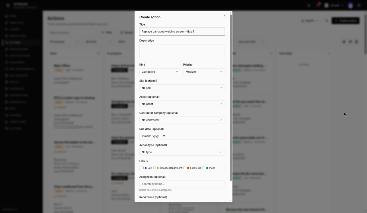 Create action dialog — Create highlighted