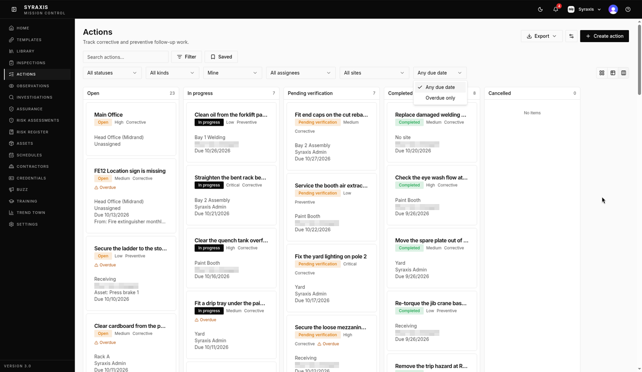 Actions — Mine filter and Any due date highlighted
