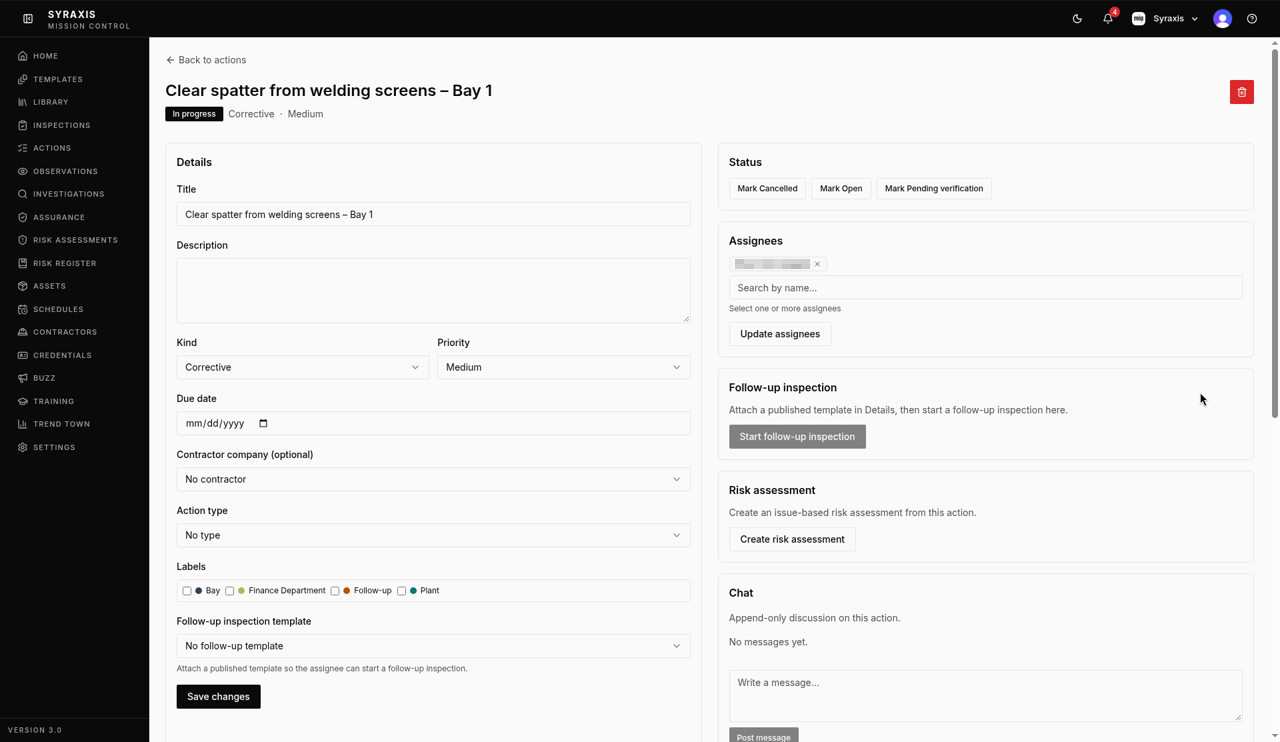 Action — Mark In progress highlighted