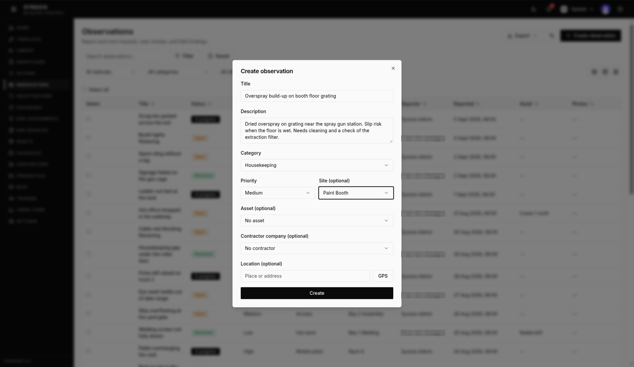 Create observation dialog — Title, Description and Category fields highlighted