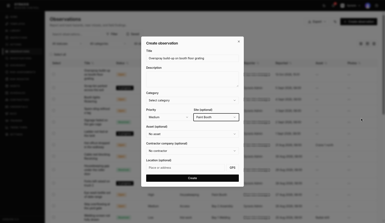 Create observation dialog — Site and Priority highlighted