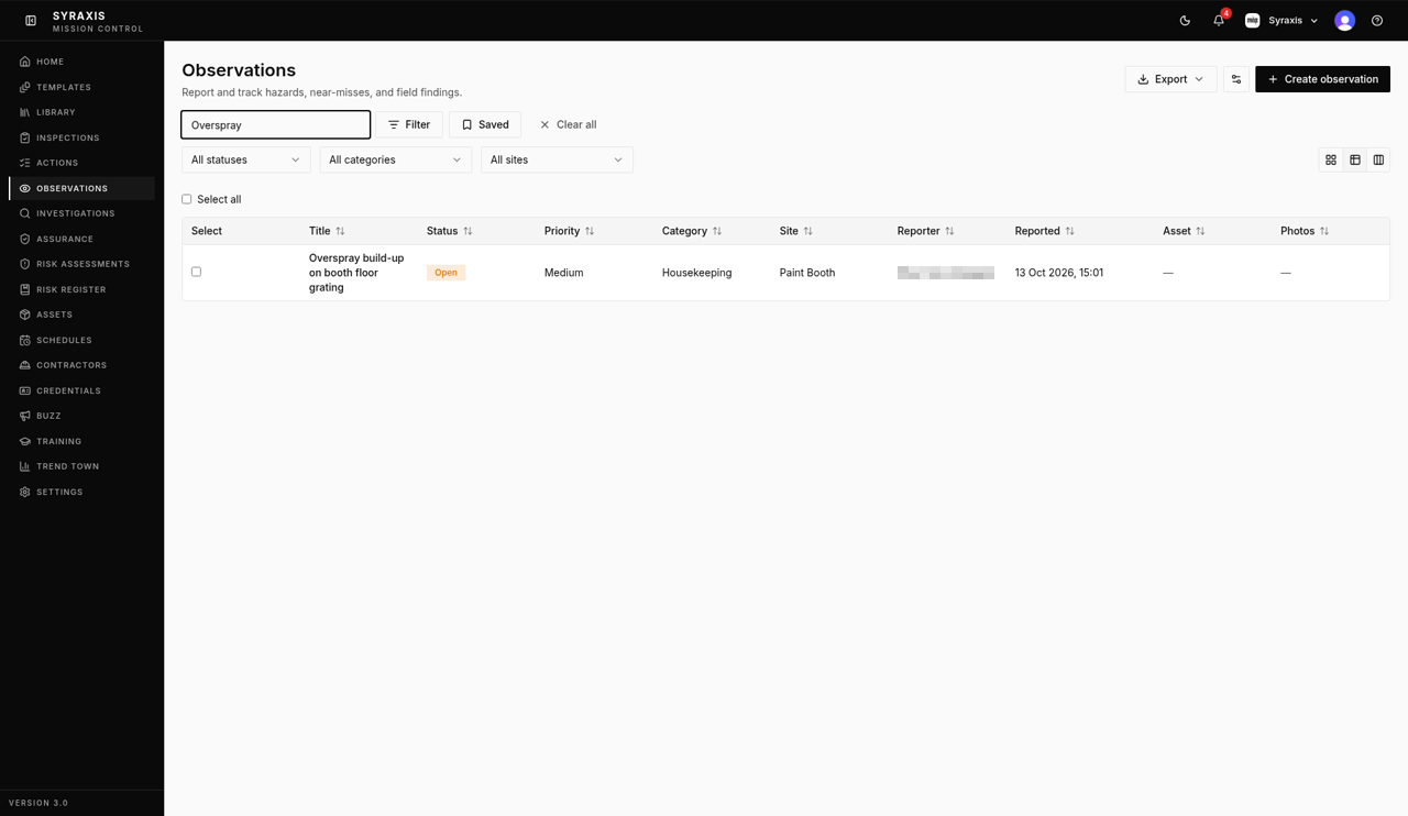 Observations — new row showing Open highlighted