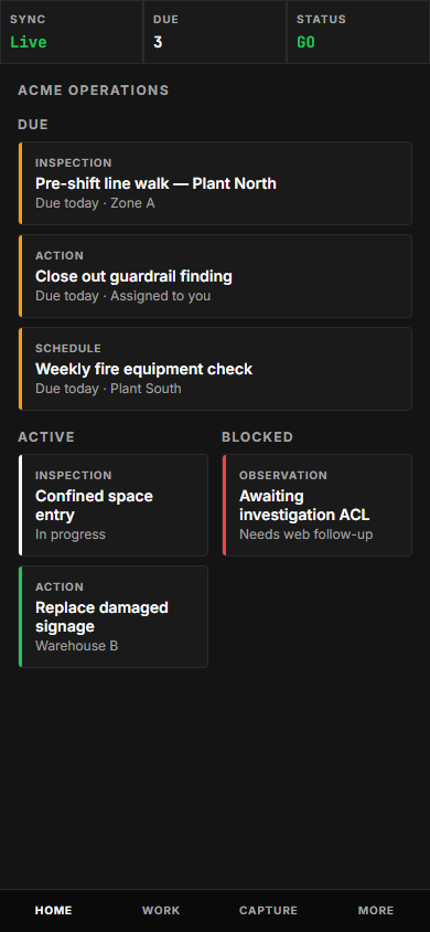 Syraxis mobile — field capture of inspections, actions, and due work